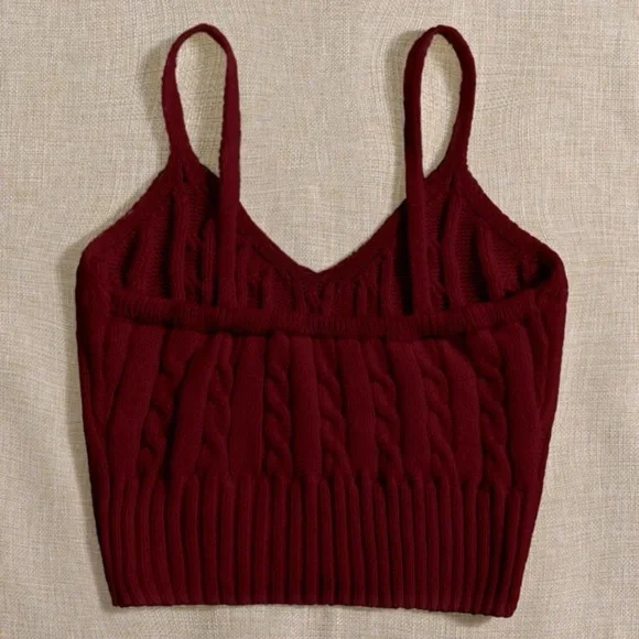 Small (4) NWT Maroon Red colored Cable Knit Cropped Cami Tank top - Picture 2 of 4